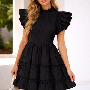 WILLA STORY Elegant Black Ruffle Sleeve Mini Dress SIZE S